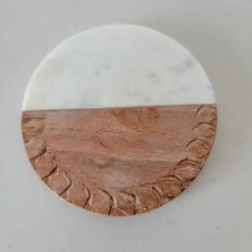 Handmade Marble and Wood Round Coaster Set of 2 Acacia Wood White Marble